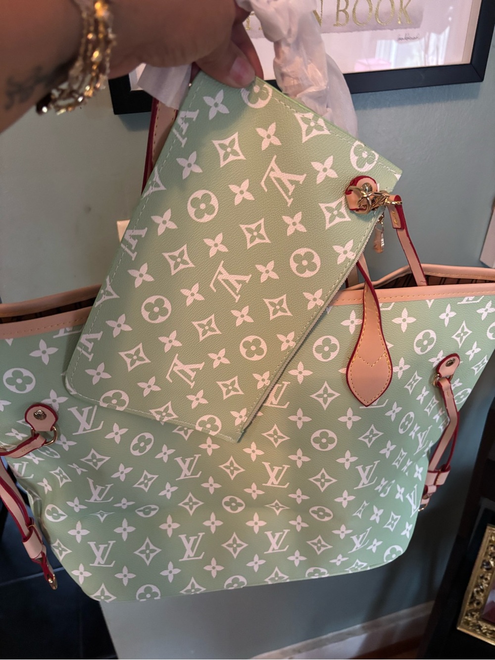 Luxury Large Mint Green Monogram Tote with Matching Pouch
